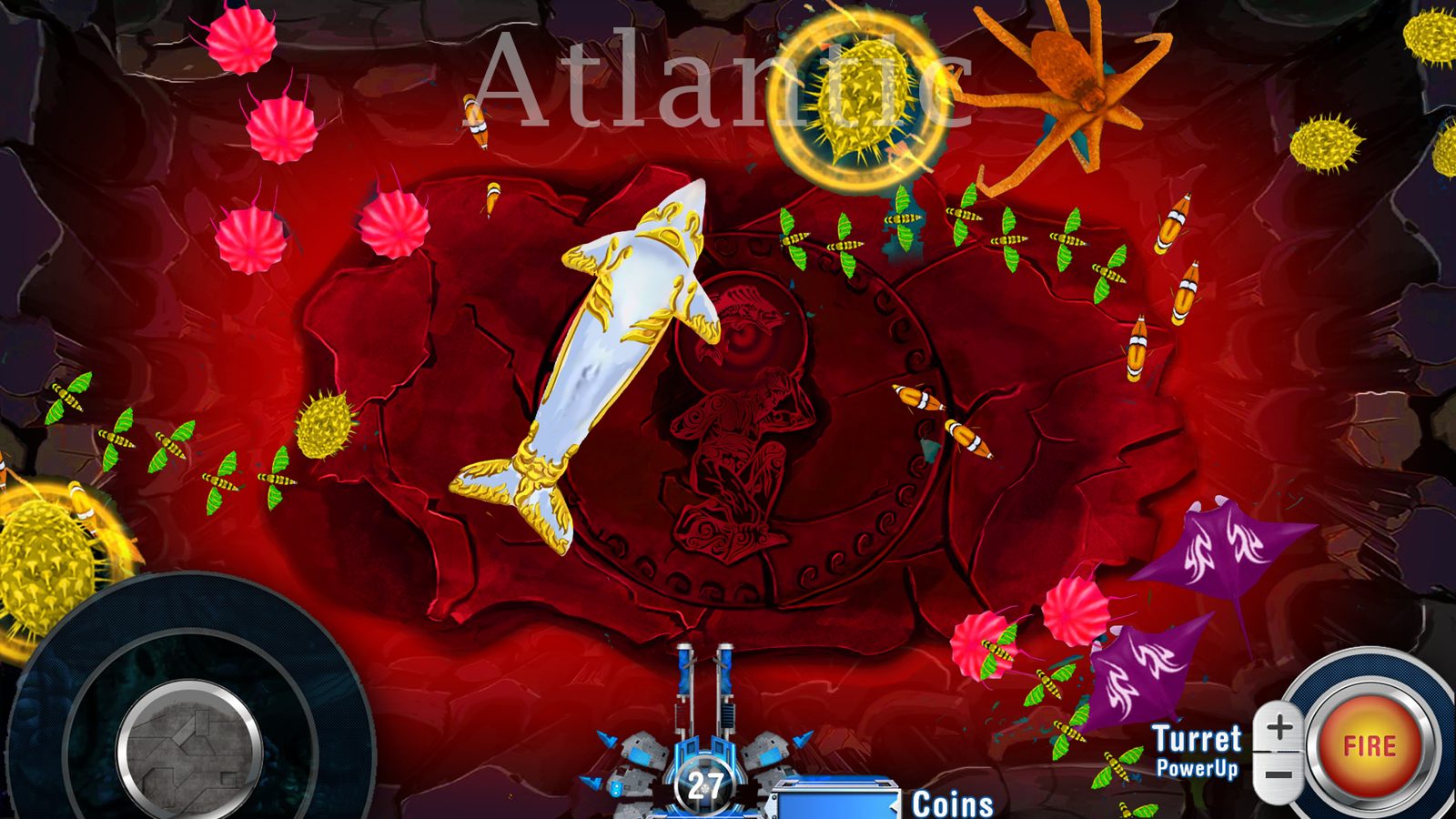Treasure Shot Atlantic table with shark, octopus, rays, and turret