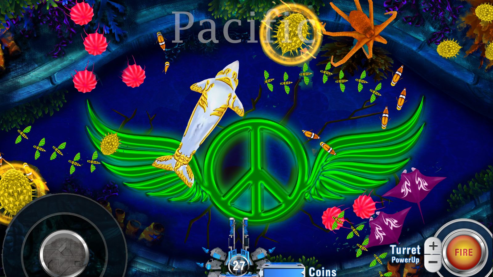 Treasure Shot Pacific table with shark, octopus, rays, and clownfish
