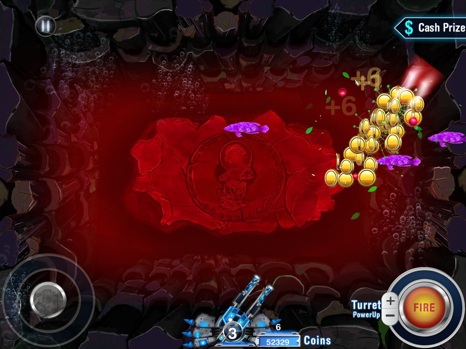 Treasure Shot App Store shot: coins and fish on the red table with the turret