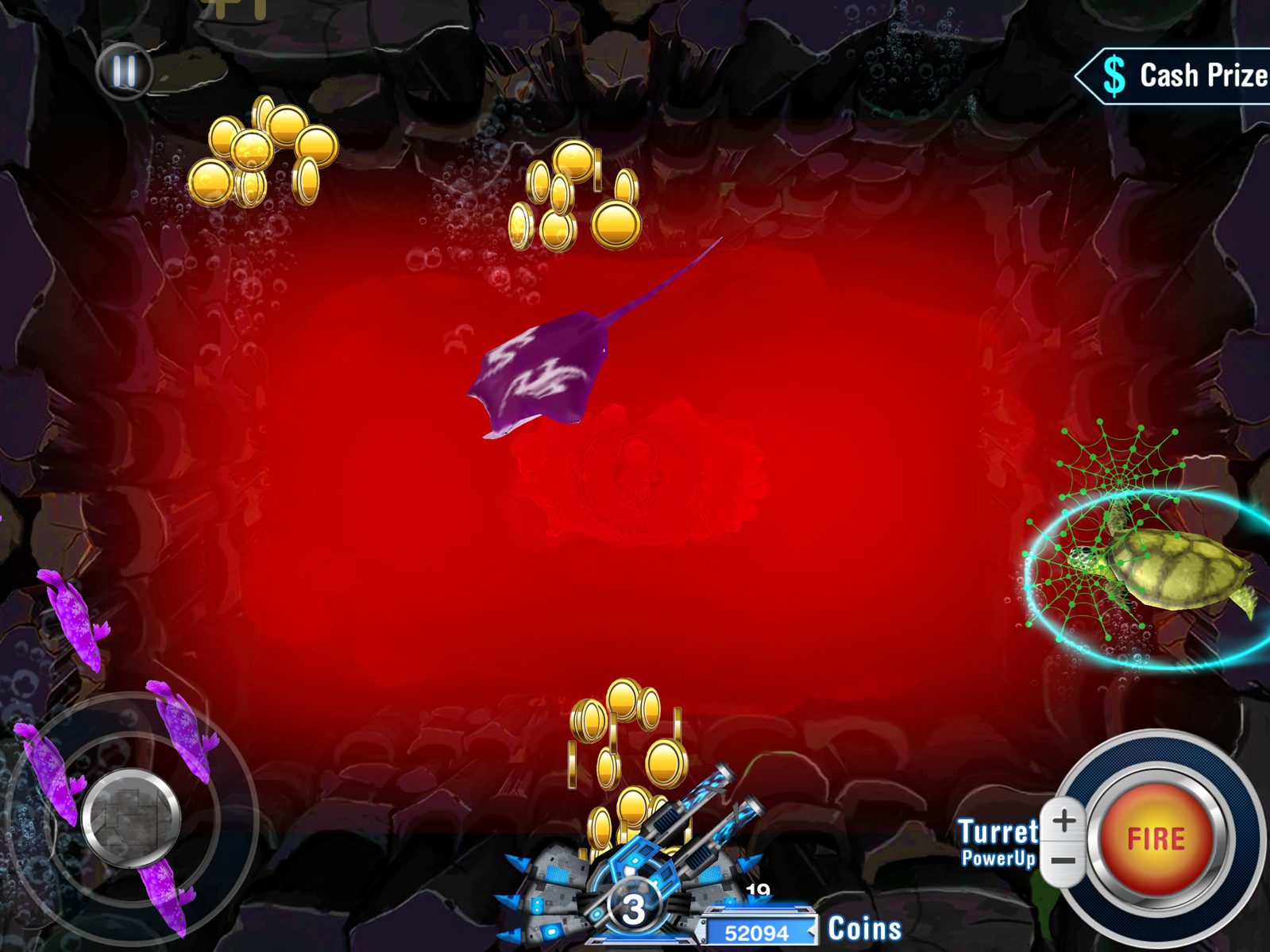 Treasure Shot App Store gameplay: ray, turtle, and coins on the table